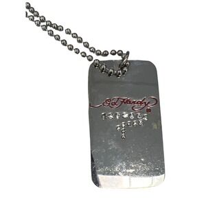 Ed Hardy Dog Tag Necklace Rhinestone Skull Eagle Tattoo Graphic Silver Tone Y2K